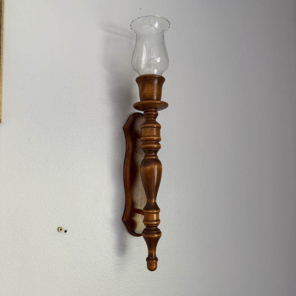 Vintage Wood Wall Sconce Candle Holder with Etched Glass Hurricane Chimney 15in